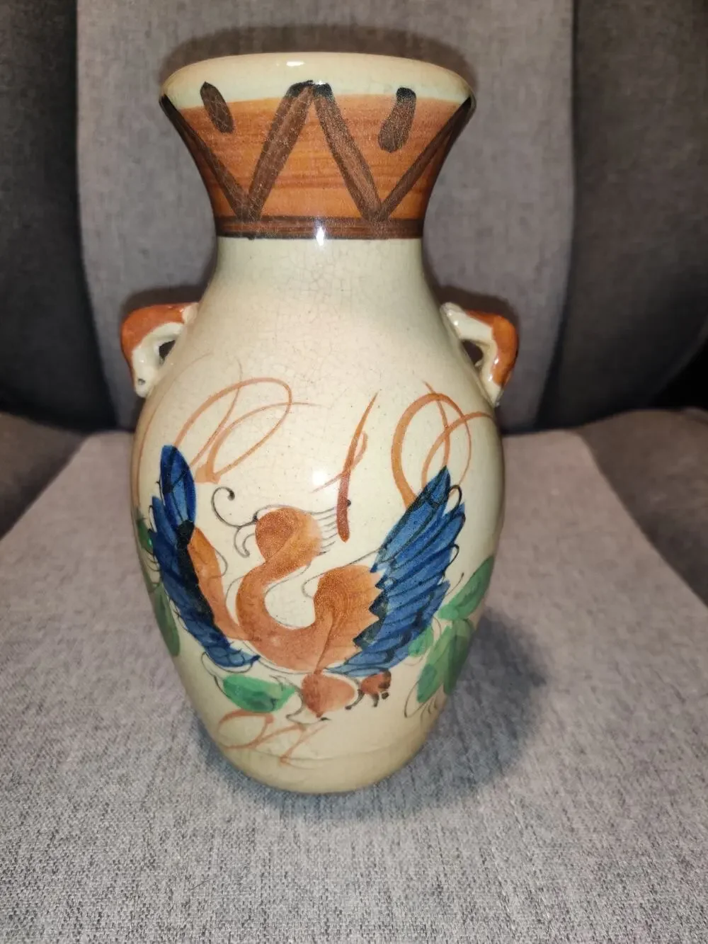 Vintage Floral Vase Double-Handled Crackle Glaze Made in Japan 8